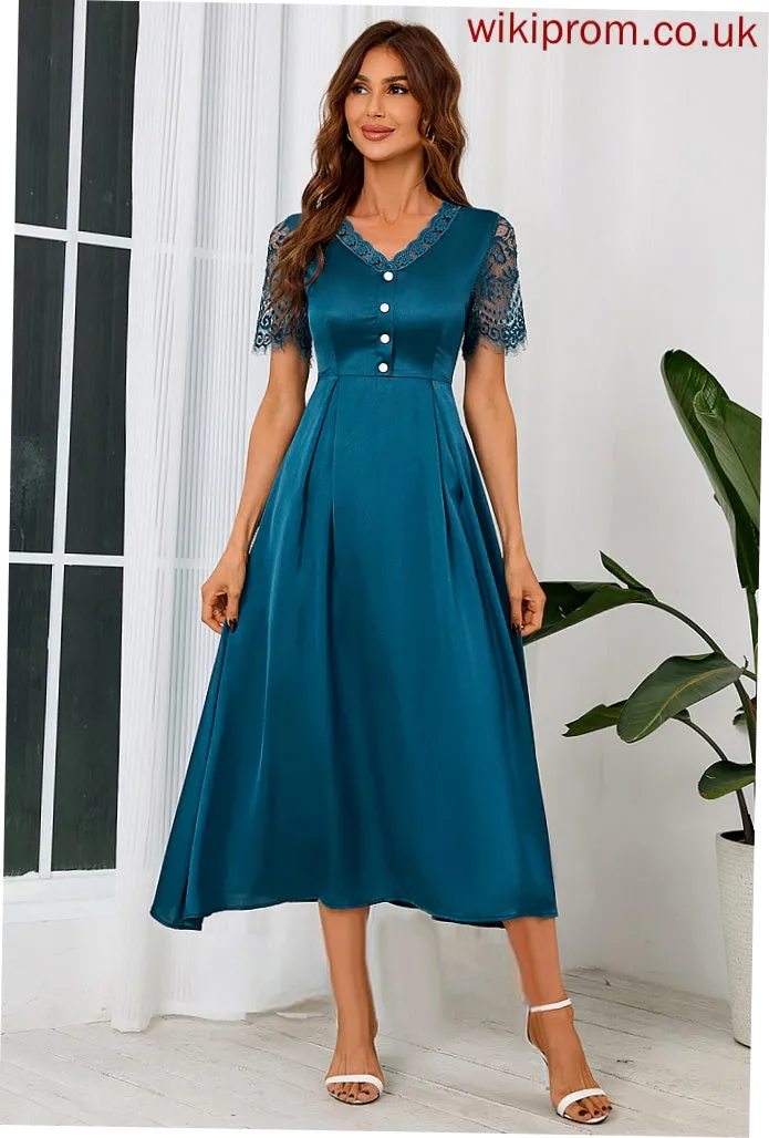 Satin Jaqueline Short Elegant Midi V-Neck Sleeves A-line Dresses Club Dresses