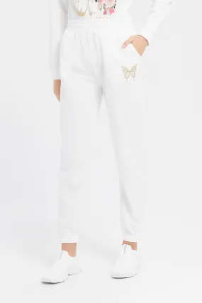 Senior Girls White Printed Track Pants