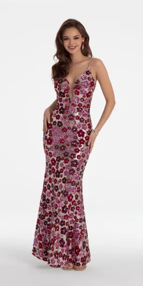 Sequin Daisy Illusion Plunge Column Dress