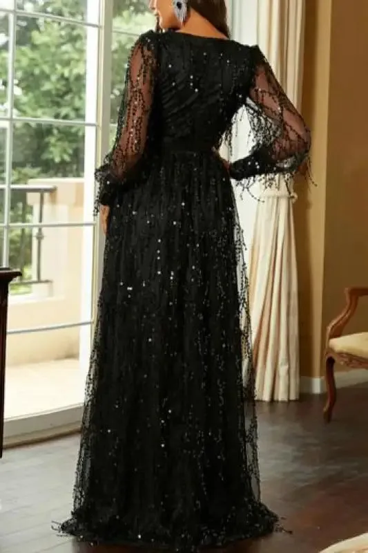 Sequin Tassel Deep-V High Slit Maxi Evening Dress