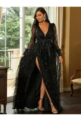 Sequin Tassel Deep-V High Slit Maxi Evening Dress