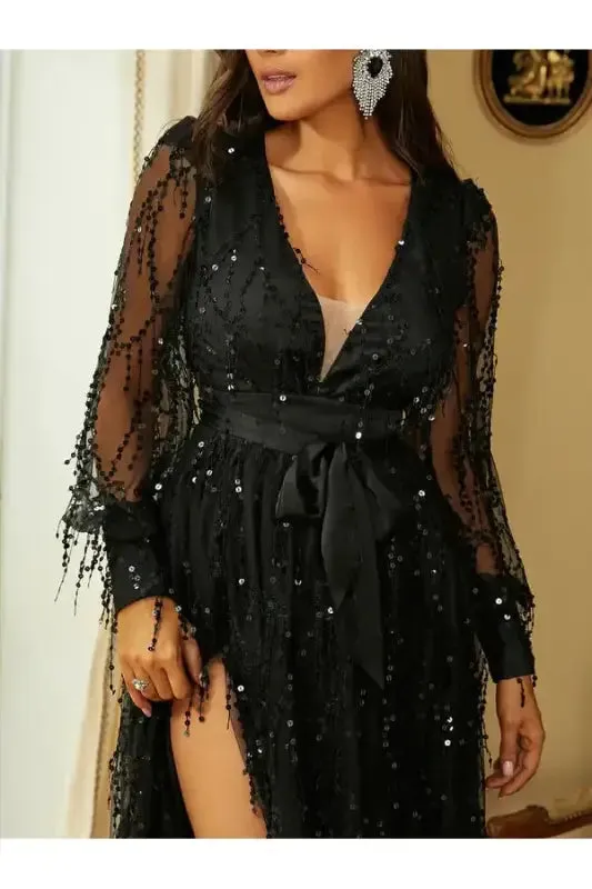 Sequin Tassel Deep-V High Slit Maxi Evening Dress