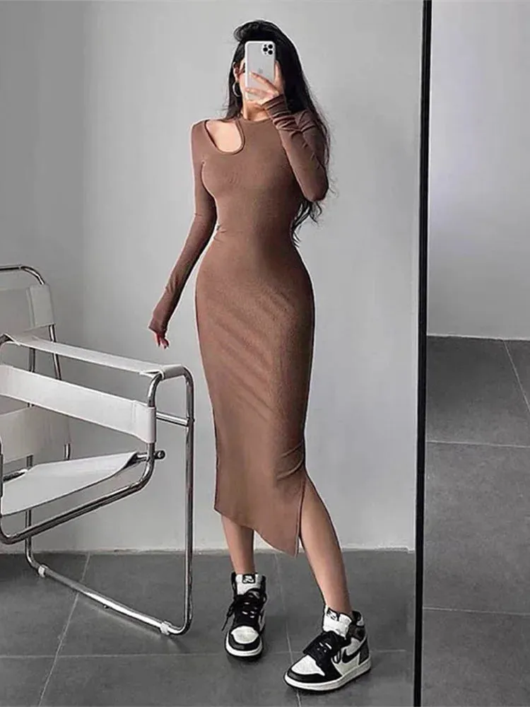 Sexy Cut Out  Elegant O-neck Long Solid Casual Midi Dresses