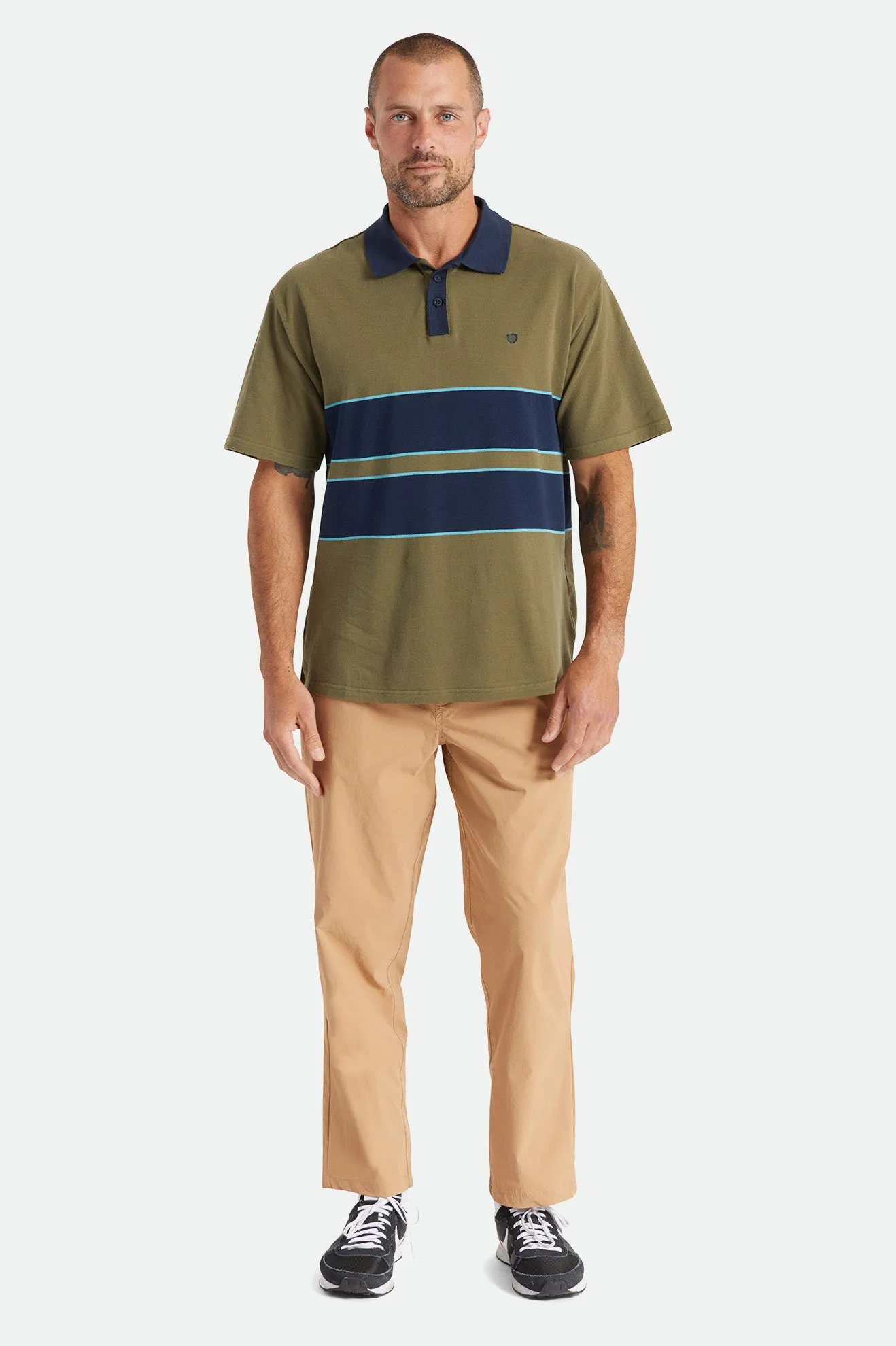 Shield Boxy S/S Polo Knit - Military Olive/Navy