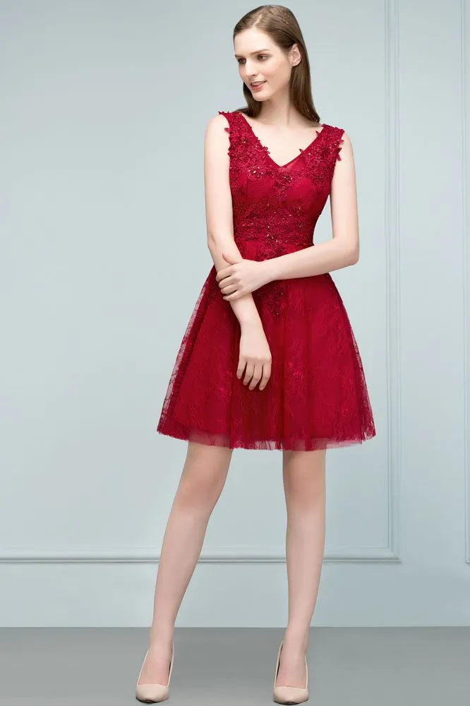 Sleeveless Short A-line V-neck Lace Appliqued Tulle Prom Dresses