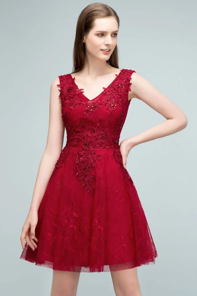 Sleeveless Short A-line V-neck Lace Appliqued Tulle Prom Dresses