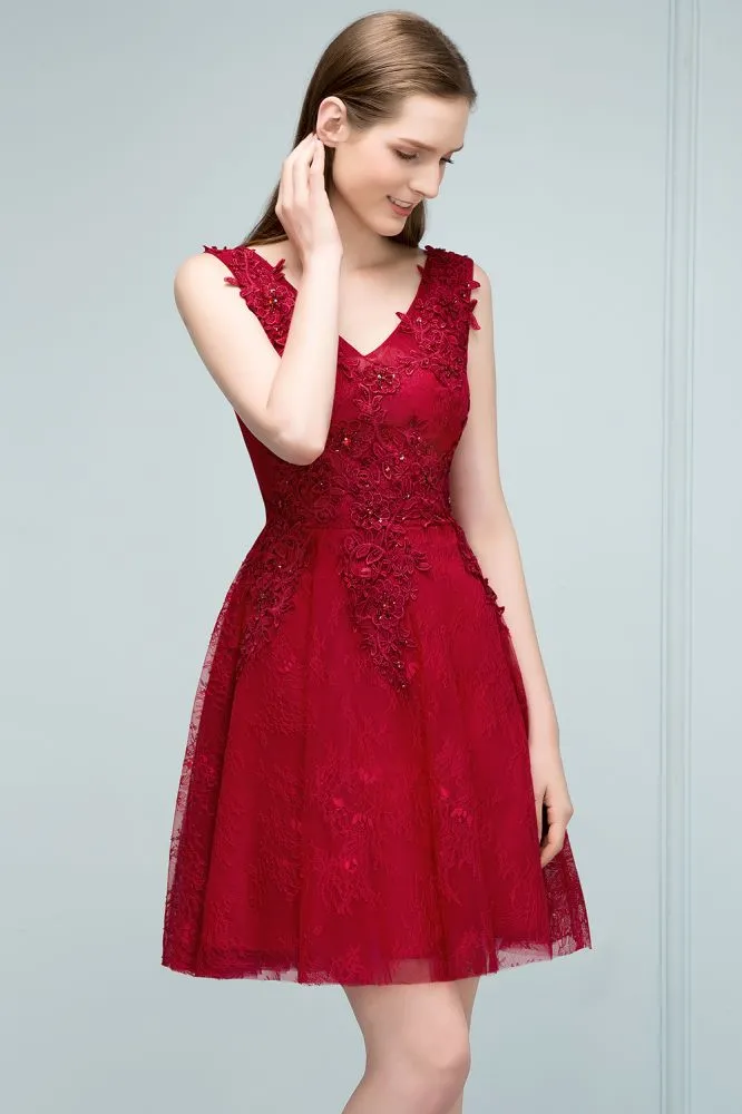 Sleeveless Short A-line V-neck Lace Appliqued Tulle Prom Dresses