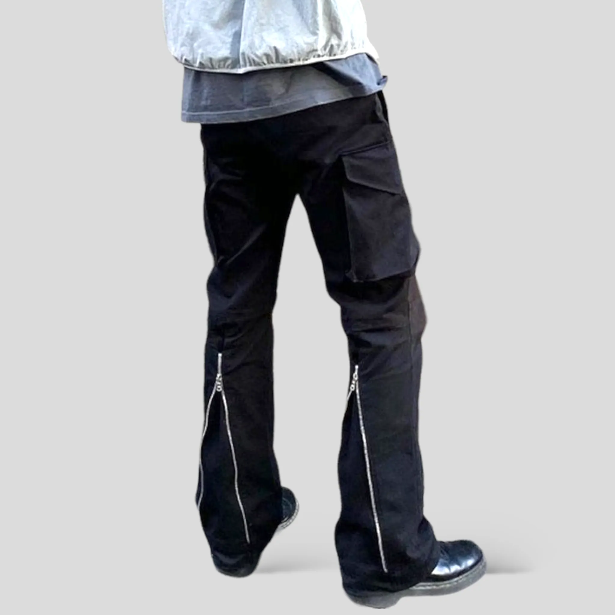 Slim fit boot cut cargo pants with back zippers