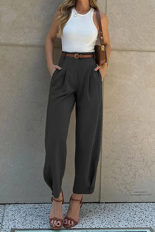 Solid Color High-waisted Belted Loose-fitting Suit Pants