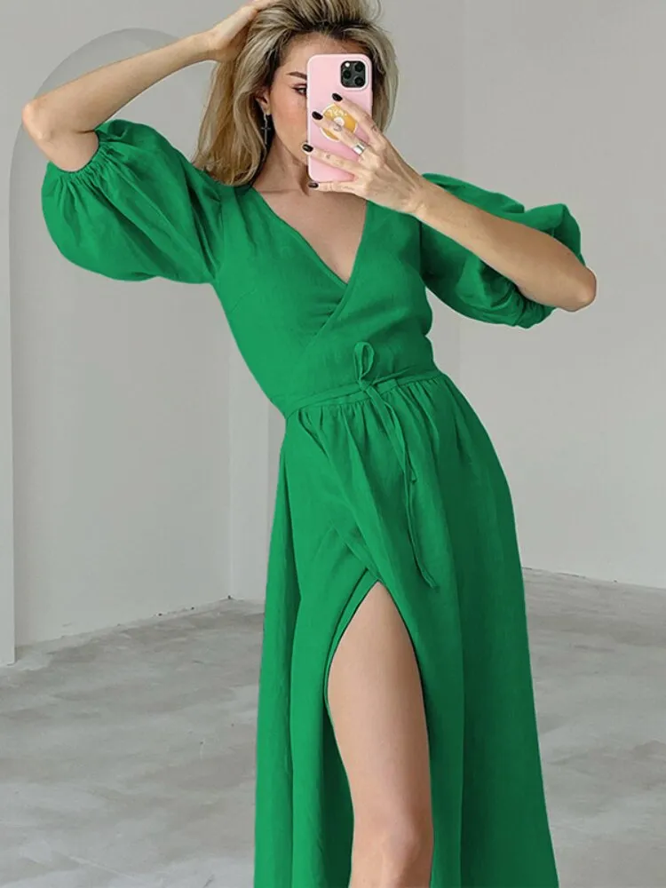 Spring Summer New V-neck Sexy Dress Solid Color Pleated Long Dresses Elegant Fashion Long Luxury Evening Dresses Female Dress