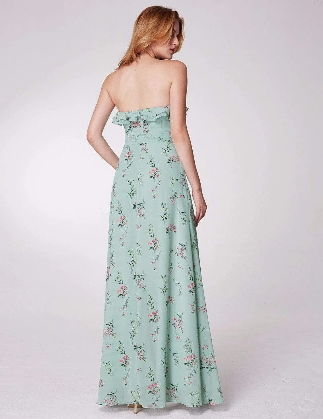 Strapless Ruffles Floral Print Maxi Dress