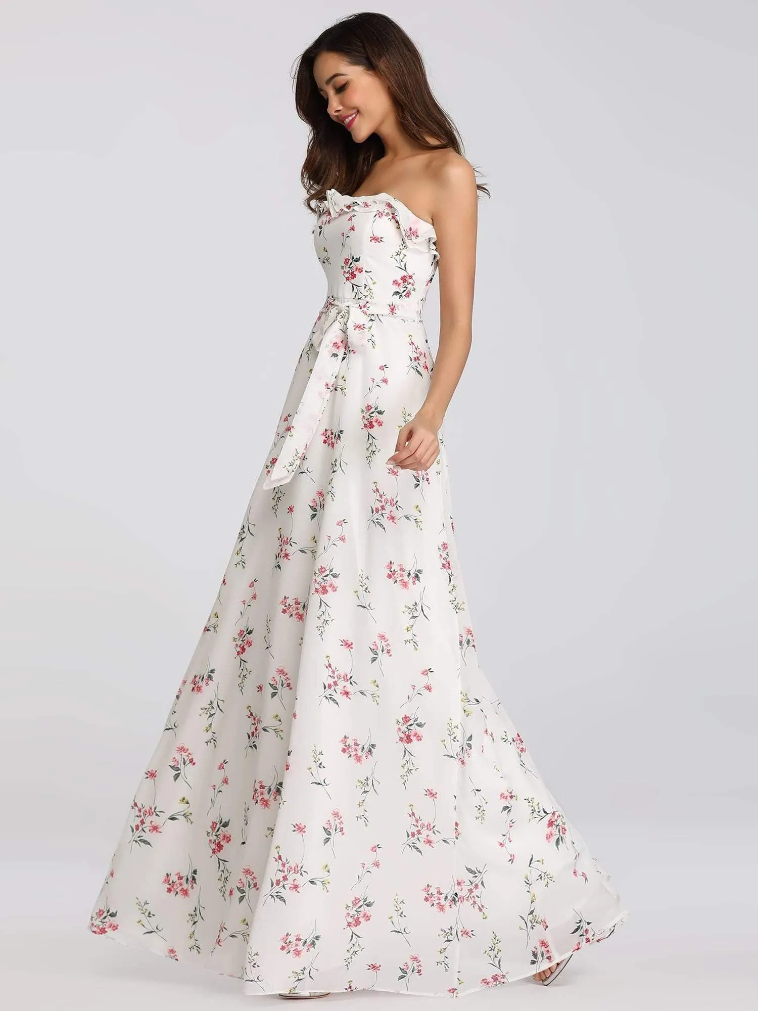 Strapless Ruffles Floral Print Maxi Dress