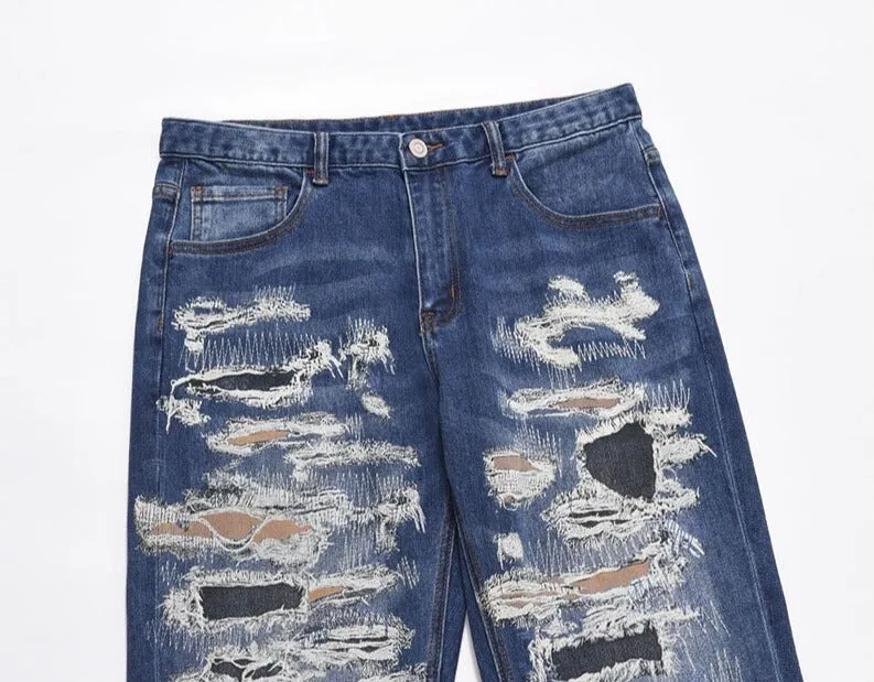 Streetwear Ripped Patchwork Blue Jeans