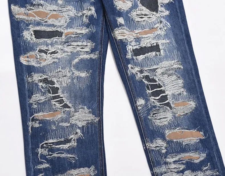 Streetwear Ripped Patchwork Blue Jeans