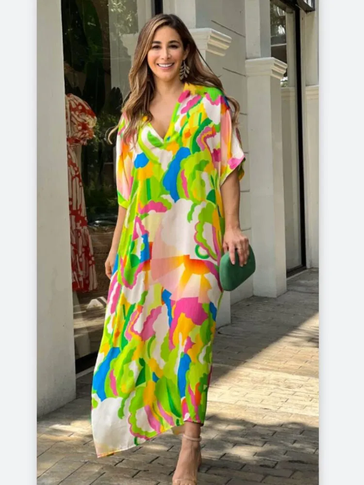 Summer Dress Women 2023 New V-neck Short-sleeved Dress Fashion Print Long Dresses Bohemian Style Fake Beach Skirt Woman Clothing