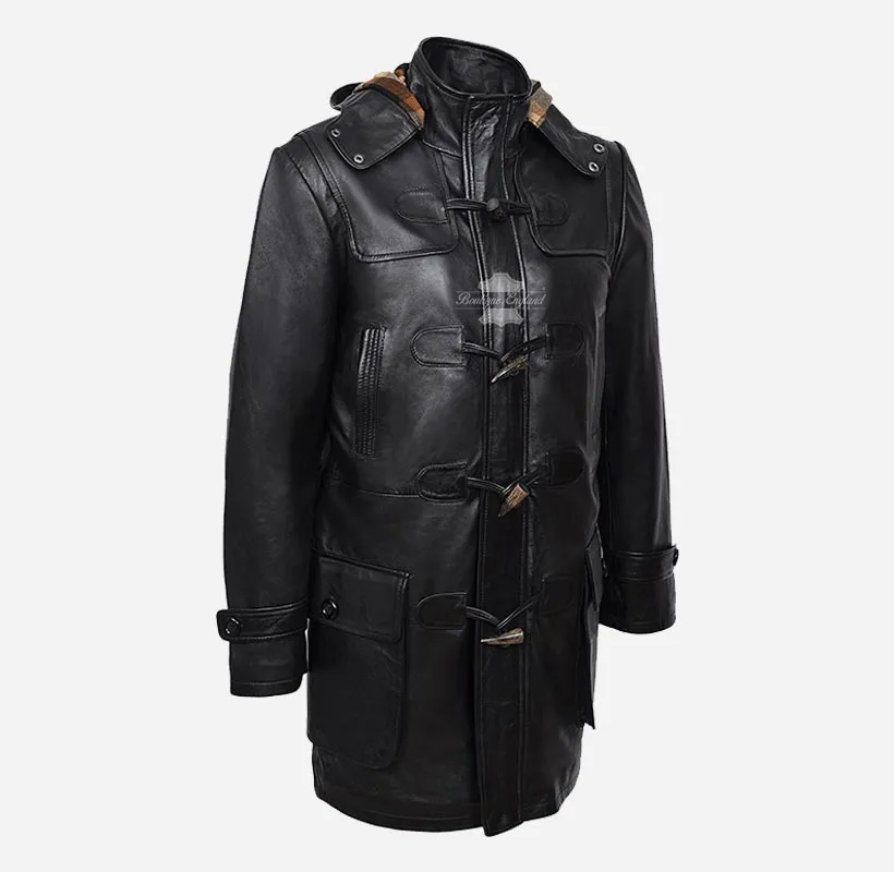 TOGGLE Duffle Leather Coat For Men's With Hood