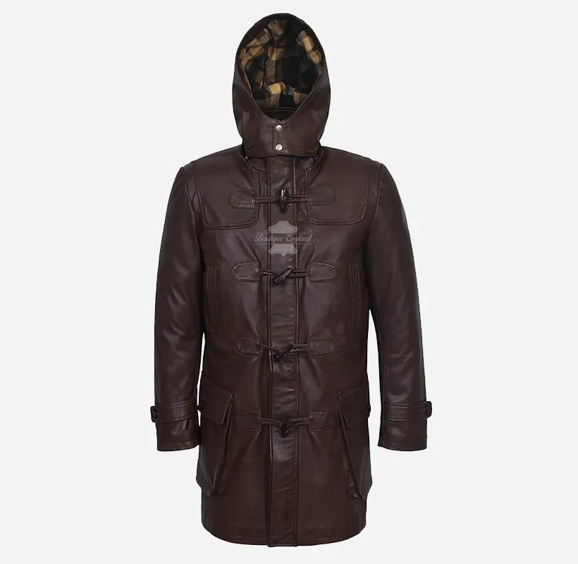 TOGGLE Duffle Leather Coat For Men's With Hood