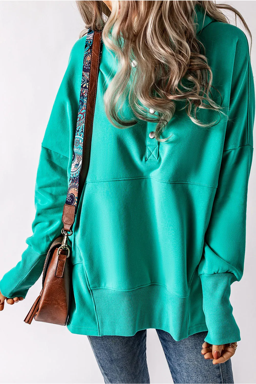 Turquoise Batwing Sleeve Henley Hoodie