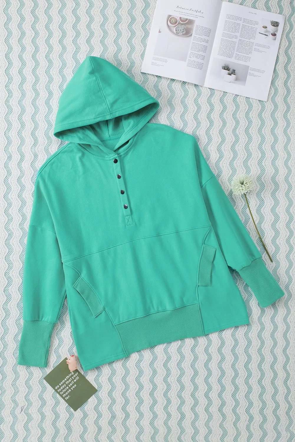 Turquoise Batwing Sleeve Henley Hoodie