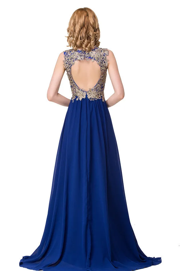 V-neck A-line Sweep-length Appliques Formal Dresses