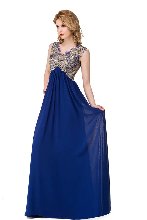 V-neck A-line Sweep-length Appliques Formal Dresses