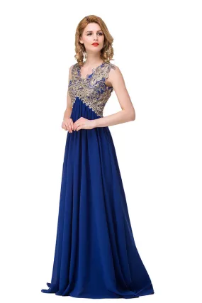 V-neck A-line Sweep-length Appliques Formal Dresses