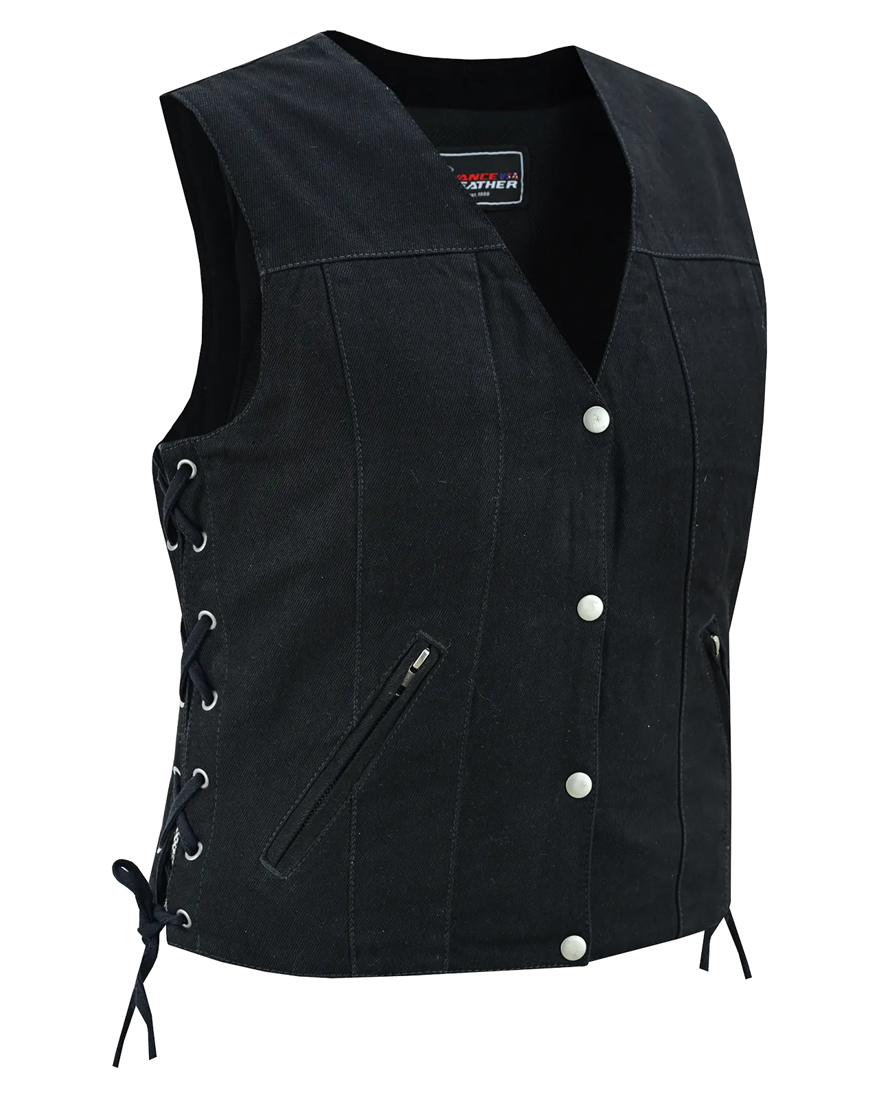 VB1045BK Women's Black Denim V Neck Vest with Snap opening & side laces