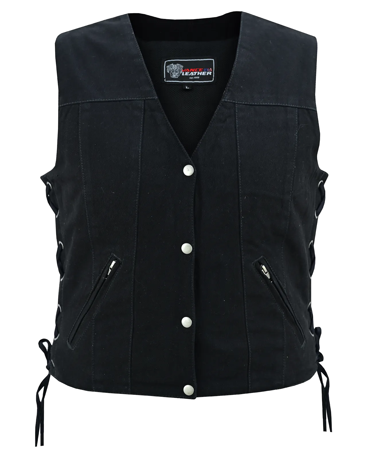 VB1045BK Women's Black Denim V Neck Vest with Snap opening & side laces