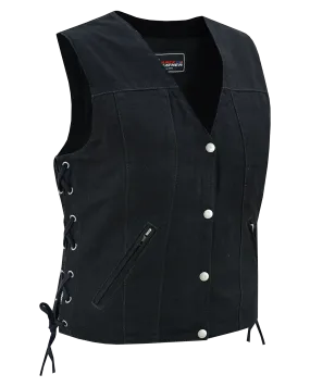 VB1045BK Women's Black Denim V Neck Vest with Snap opening & side laces