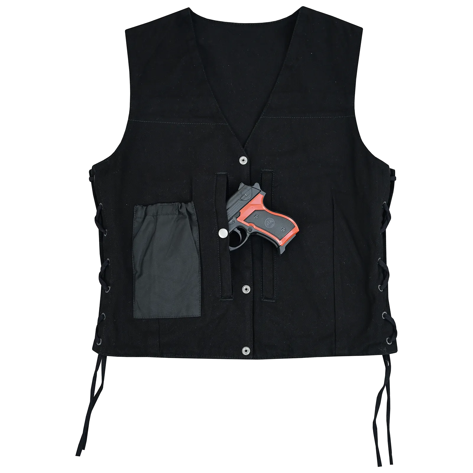 VB1045BK Women's Black Denim V Neck Vest with Snap opening & side laces