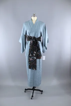 Vintage 1960s Silk Kimono Robe / Dusty Blue Damask