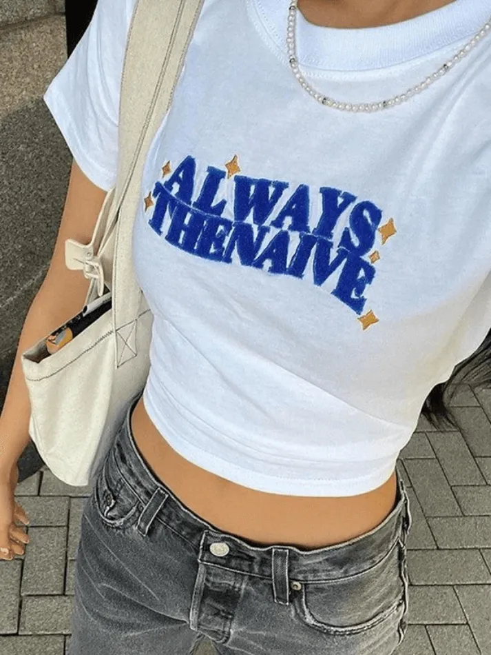 Vintage Embroidered Lettering Short Sleeve Crop Top