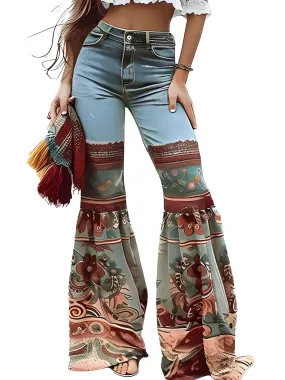 Vintage Floral Patchwork Jeans Women's High Waist Slim Fit Casual High Street Flared Pants