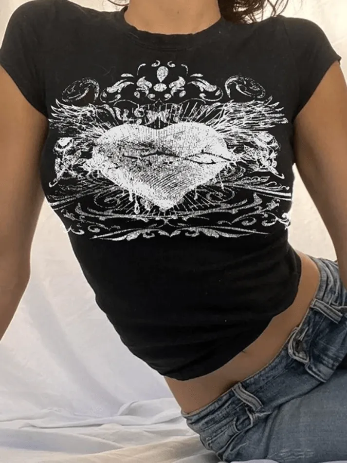 Vintage Heart Print Short Sleeves Tee