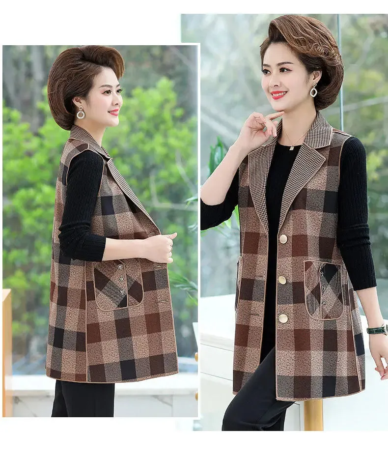 [warm gift] Women’s elegant Lapel Mid-Length Plaid Vest