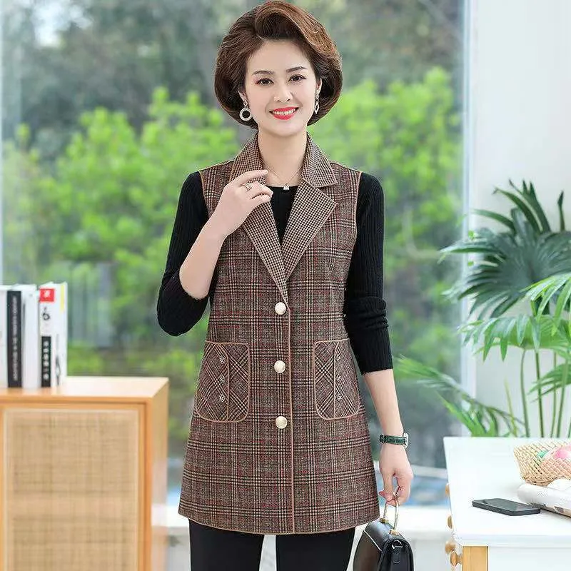 [warm gift] Women’s elegant Lapel Mid-Length Plaid Vest