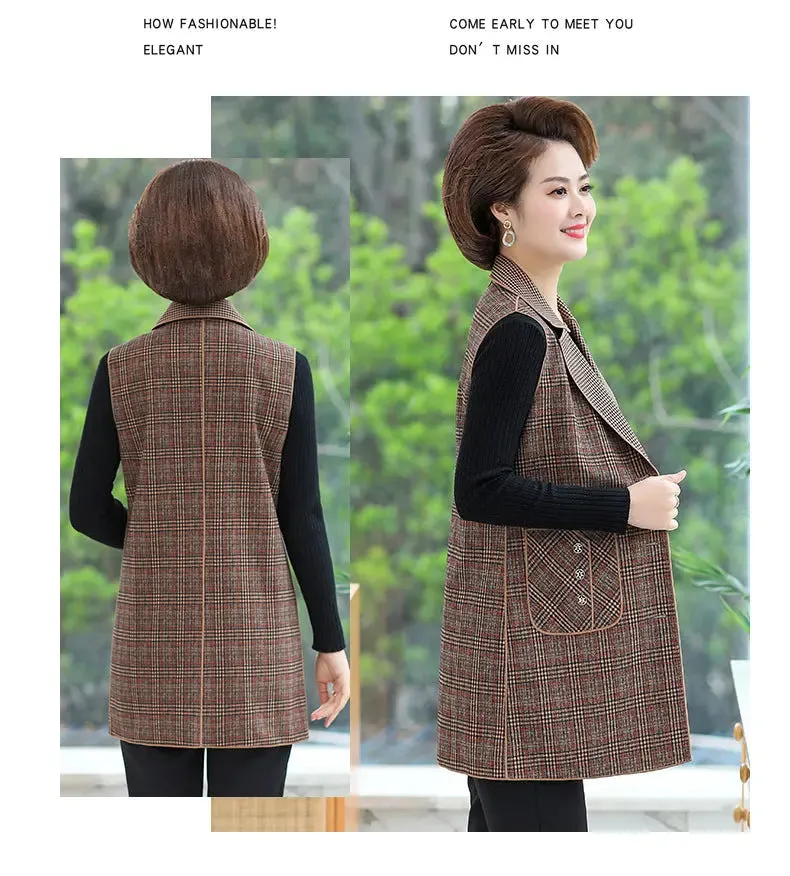 [warm gift] Women’s elegant Lapel Mid-Length Plaid Vest