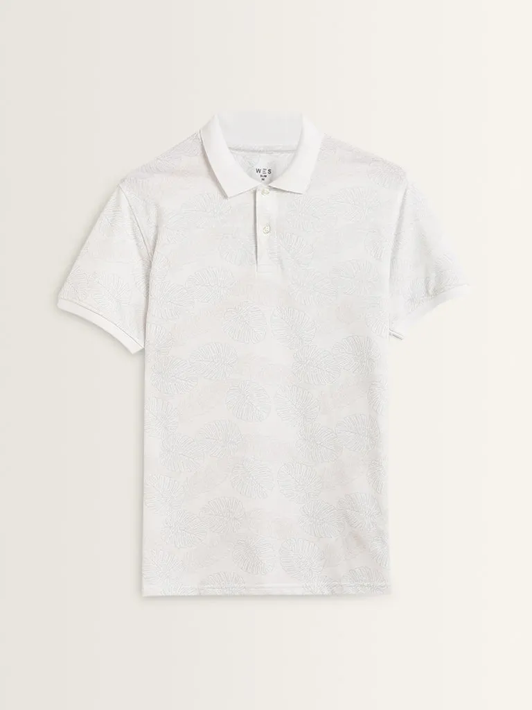 WES Casuals Light Grey Leaf-Printed Slim Fit Polo T-Shirt