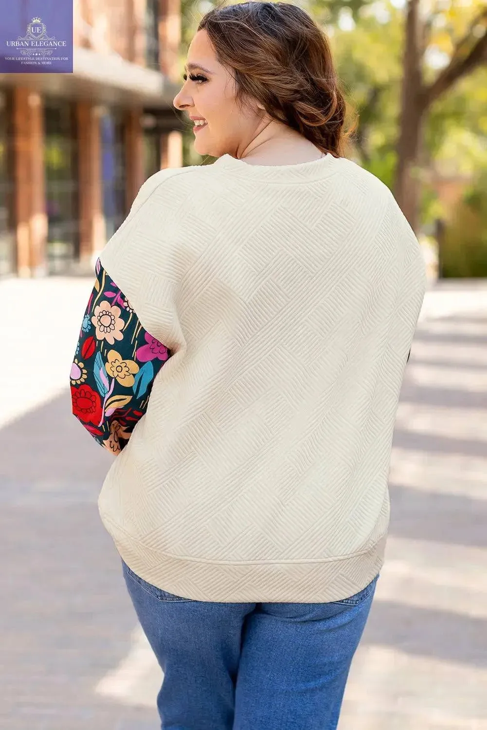 White Floral Patchwork Sleeve Textured Pullover Top