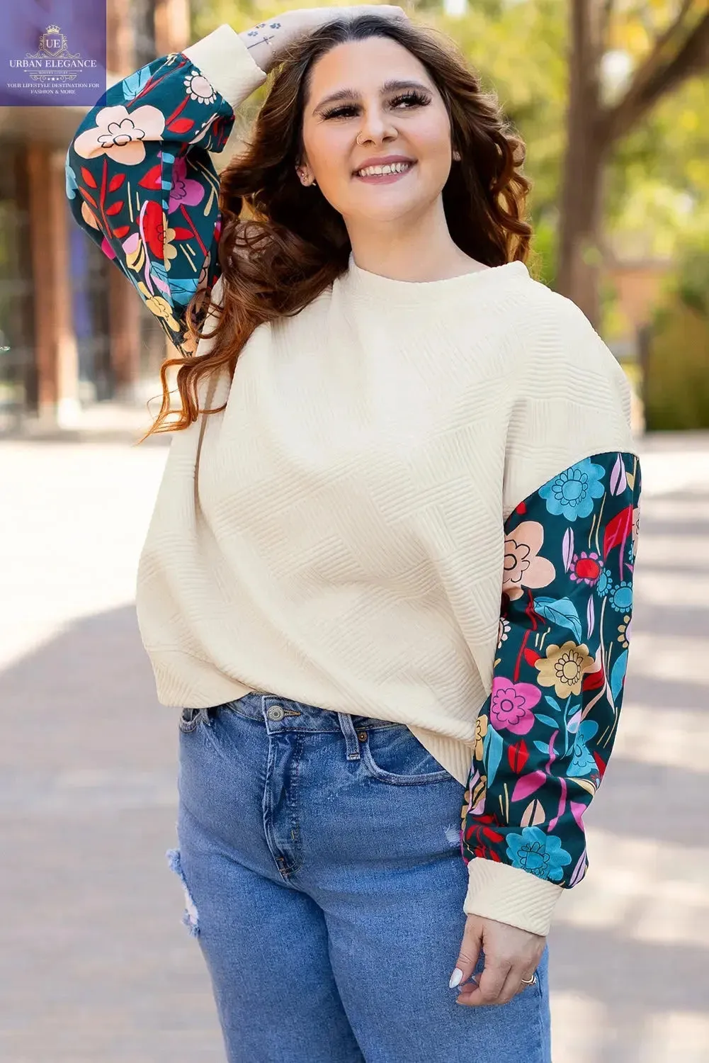 White Floral Patchwork Sleeve Textured Pullover Top