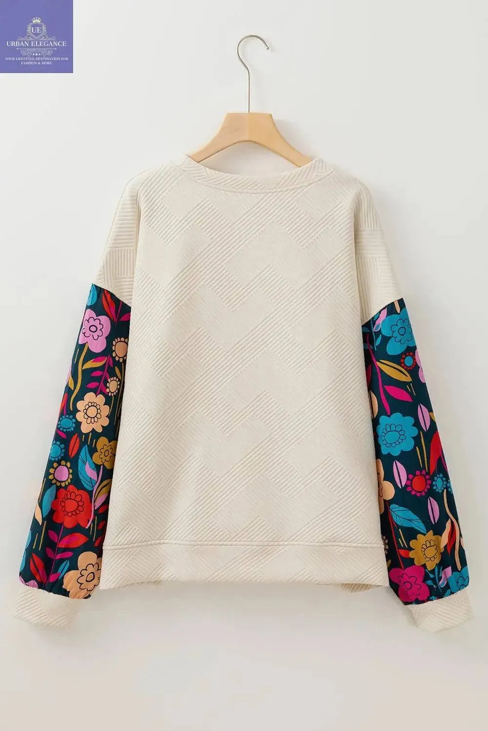 White Floral Patchwork Sleeve Textured Pullover Top