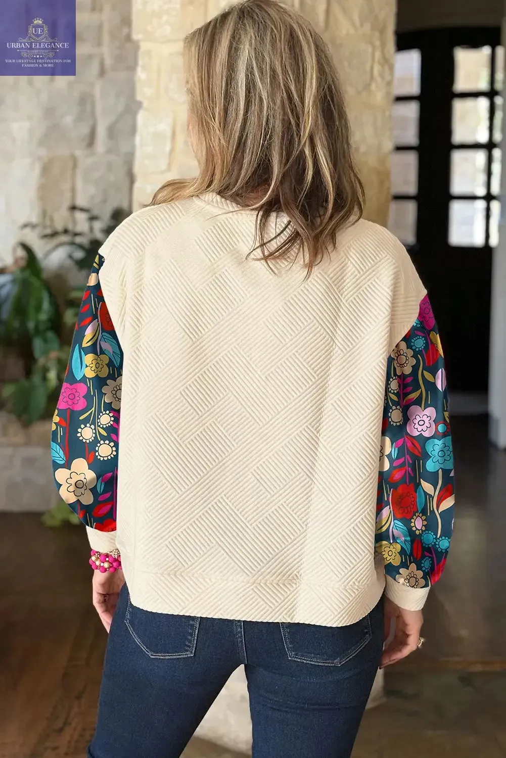 White Floral Patchwork Sleeve Textured Pullover Top