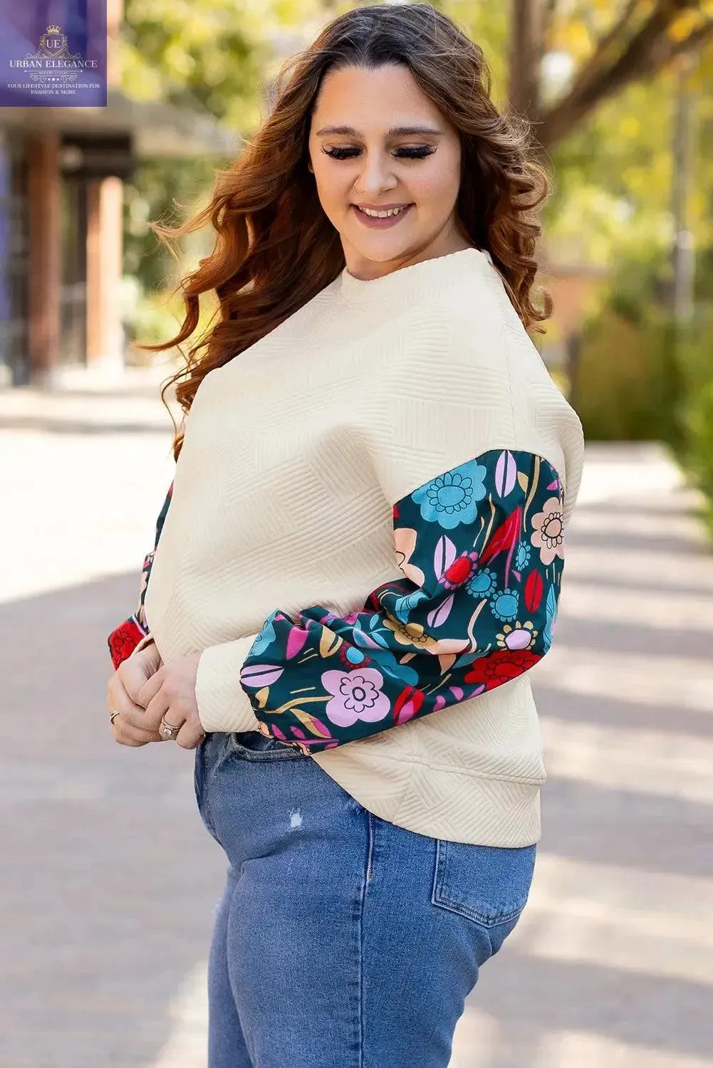 White Floral Patchwork Sleeve Textured Pullover Top