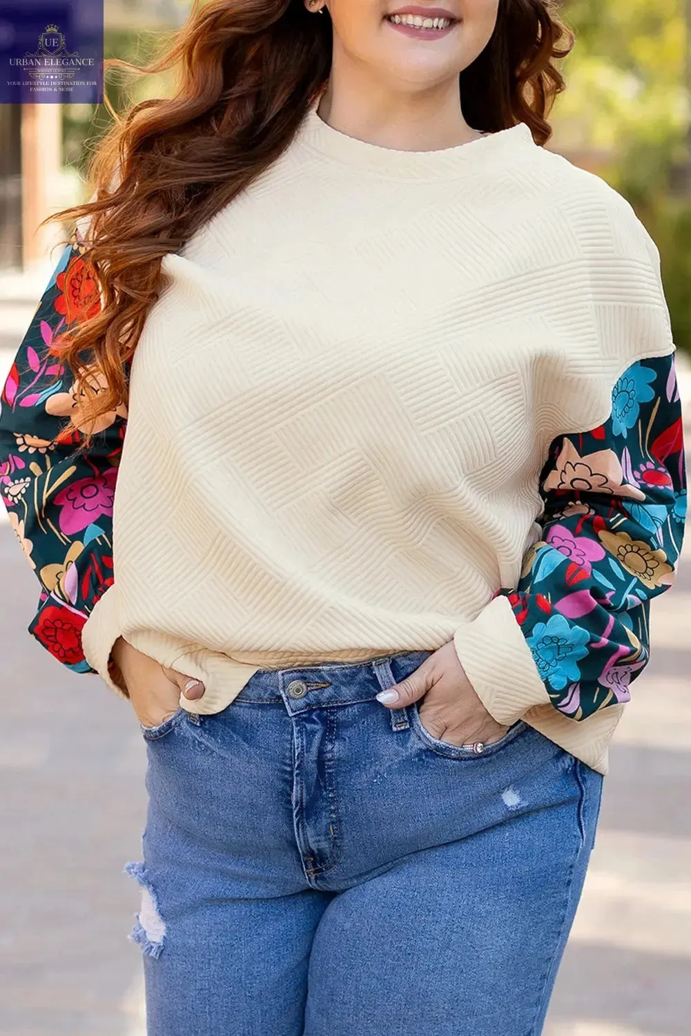 White Floral Patchwork Sleeve Textured Pullover Top