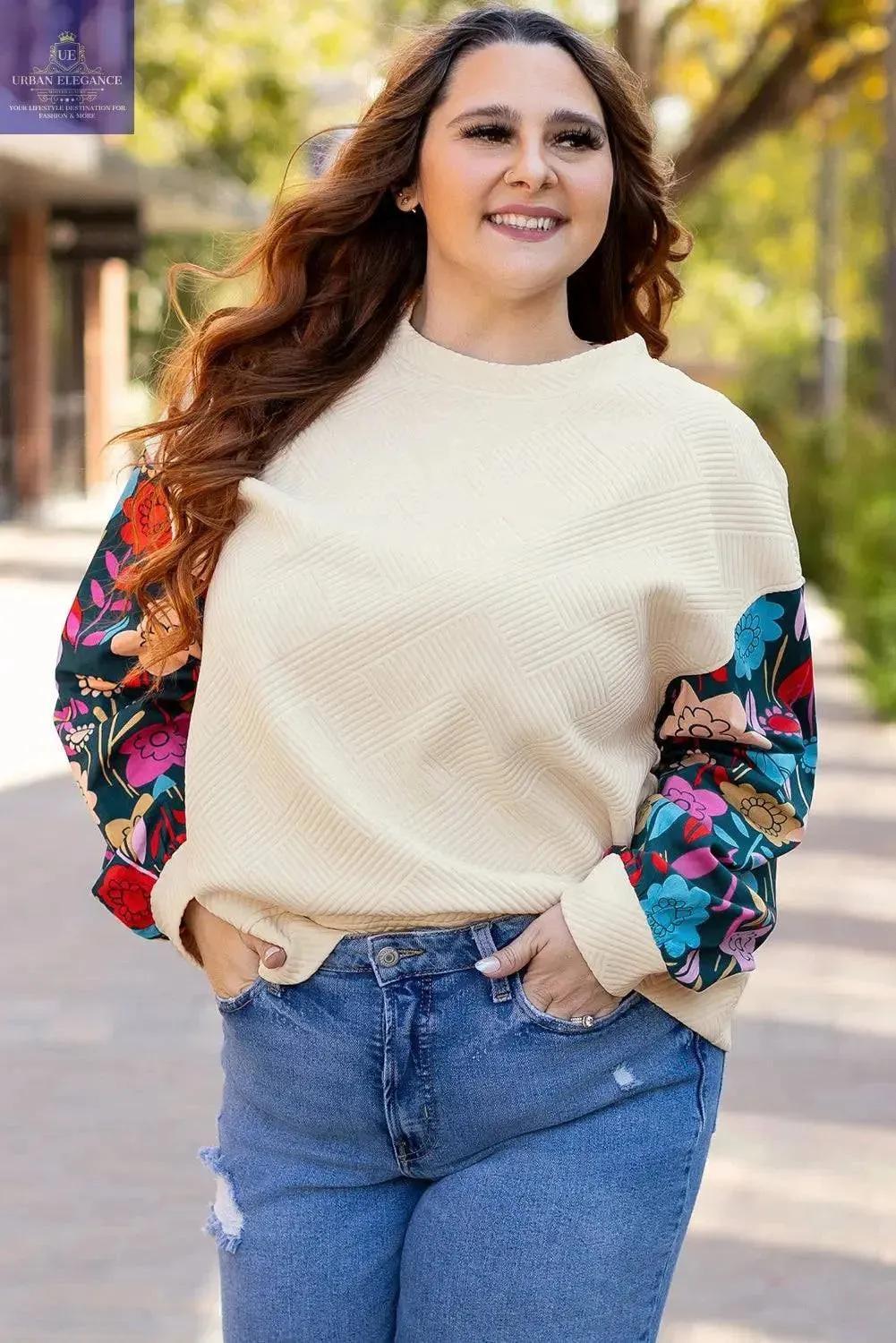 White Floral Patchwork Sleeve Textured Pullover Top