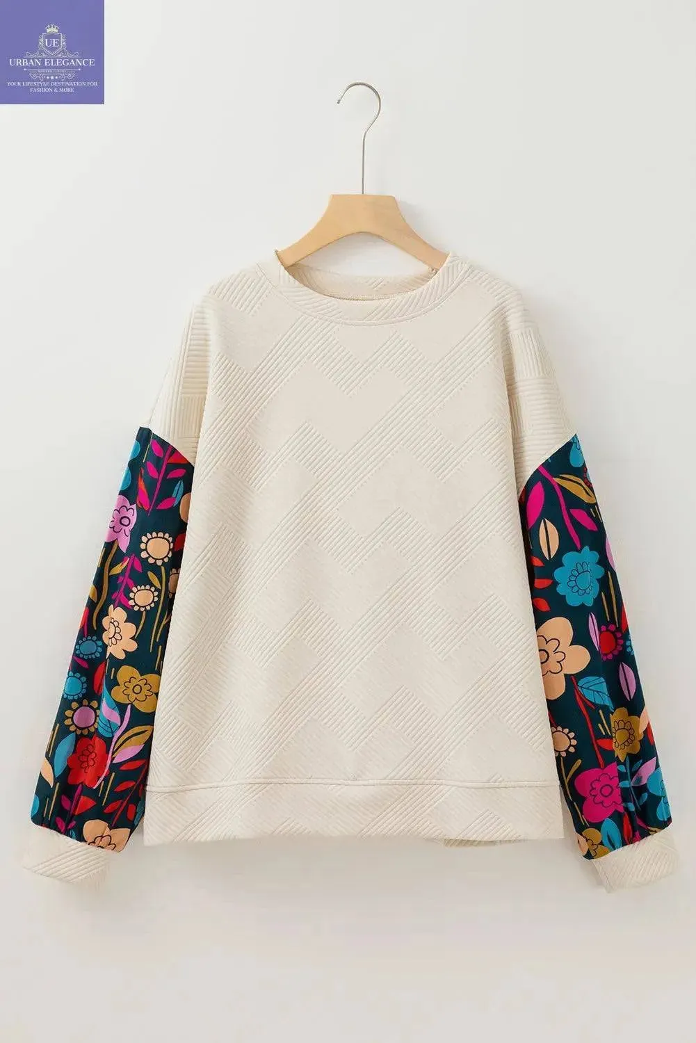 White Floral Patchwork Sleeve Textured Pullover Top