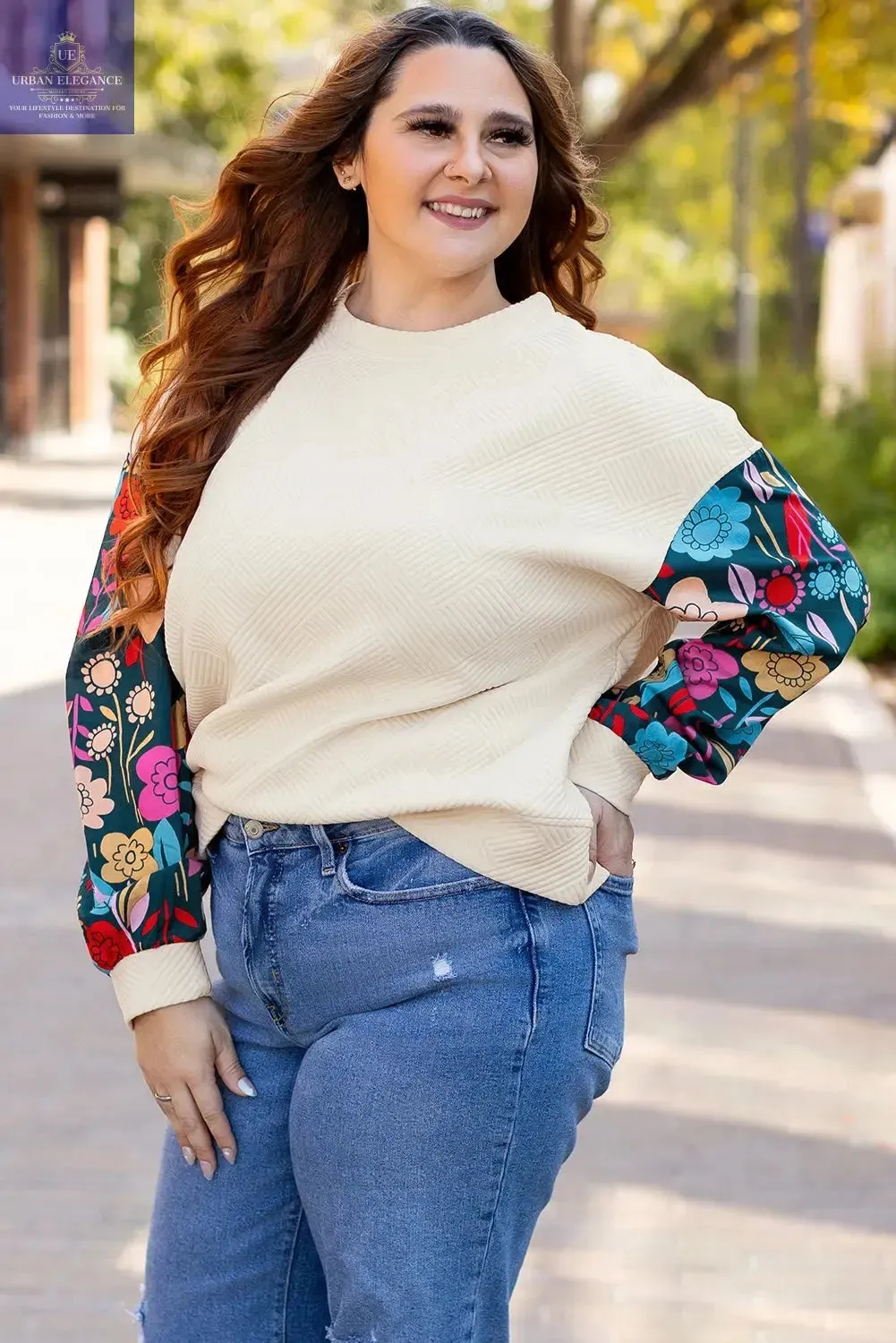 White Floral Patchwork Sleeve Textured Pullover Top