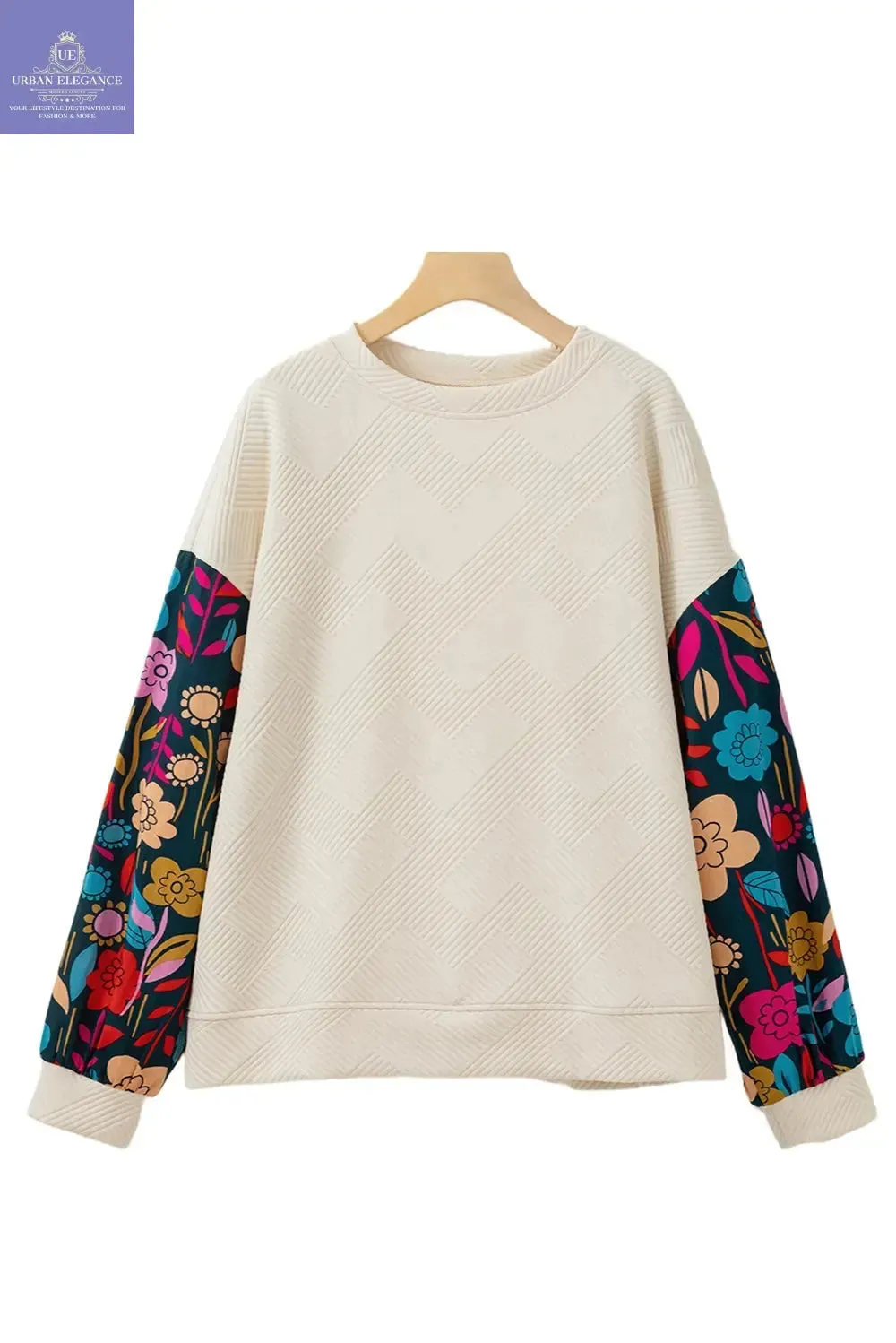 White Floral Patchwork Sleeve Textured Pullover Top