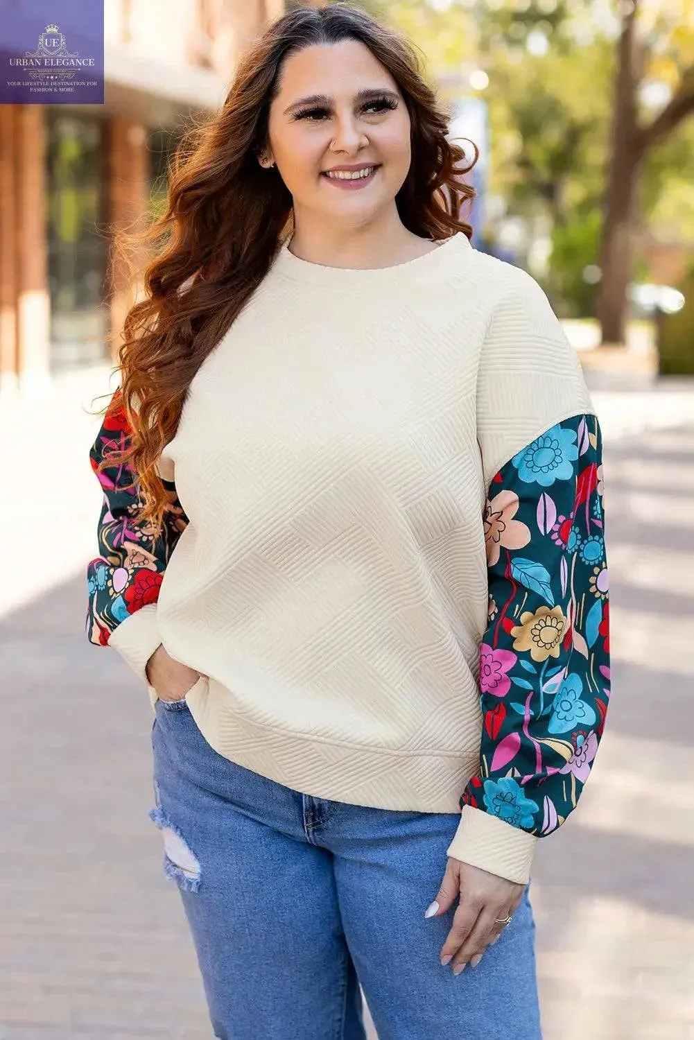 White Floral Patchwork Sleeve Textured Pullover Top