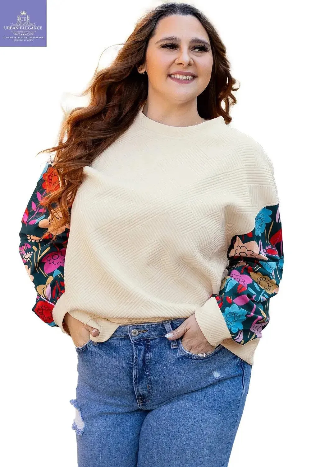 White Floral Patchwork Sleeve Textured Pullover Top